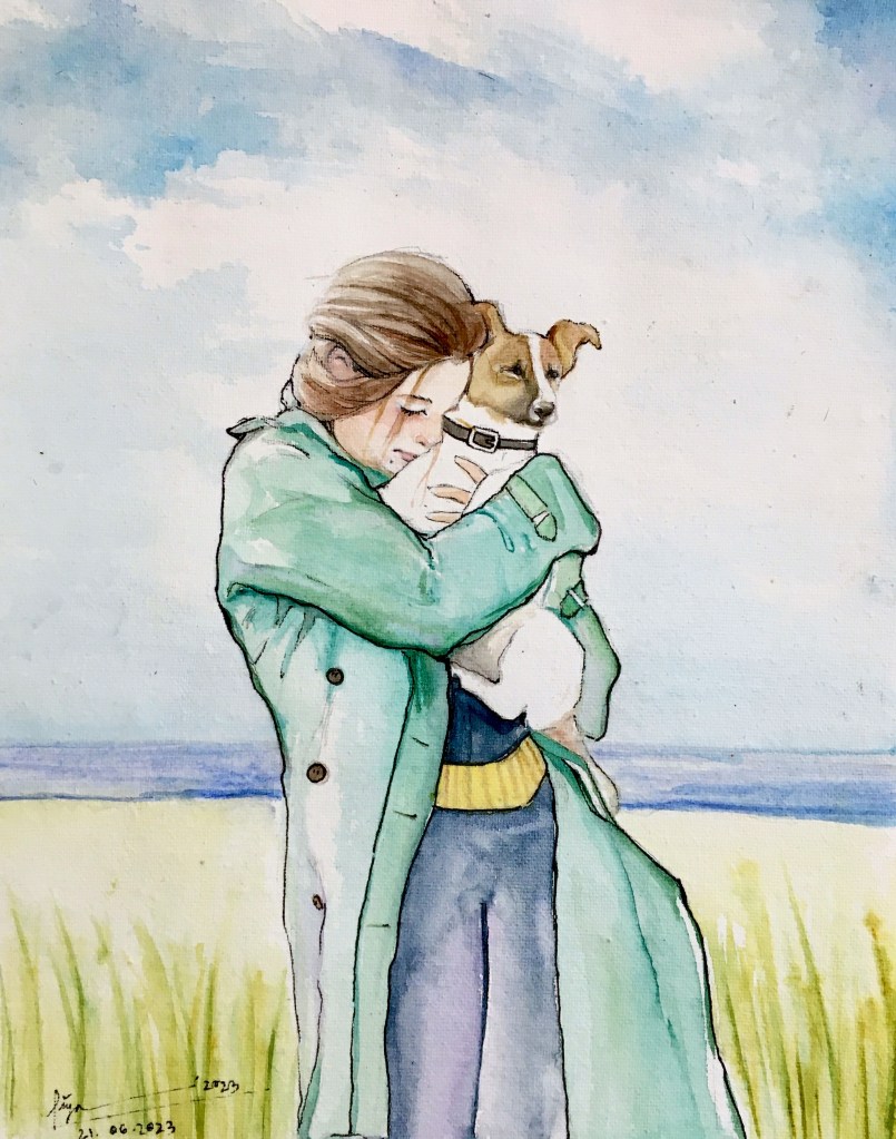 High Spirits by Zaina Alam Piya: paiting of a girl holding a dog near her face, her eyes closed, green coat, beach in the background